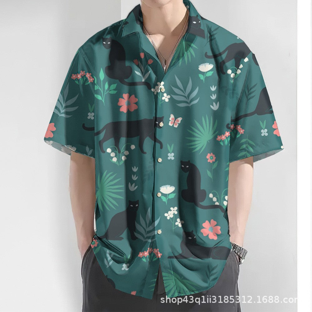 New Men's Hawaii Yellow Shirts Creative Chinese Landscape Painting Short Sleeve Aloha Shirts Cuban Style Summer Plus Size