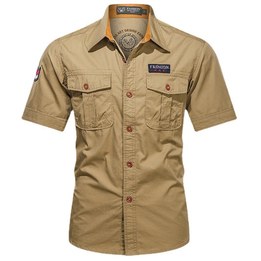 Men Summer Short Sleeved Shirts Multi Pockets Military Tooling Shirts New Male Cotton Outdoor Casual Shirts Size 5XL
