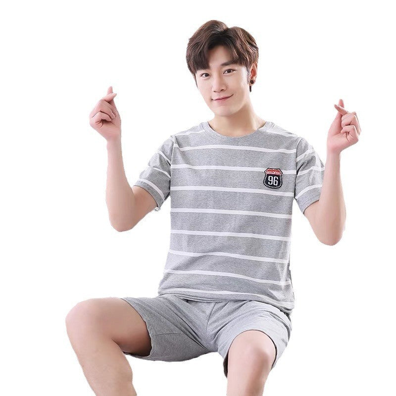 Summer Men's Pajamas Homewear Set Men's Short-Sleeved Shorts Teenage Students Cartoon Striped Casual Pajamas Homewear Set