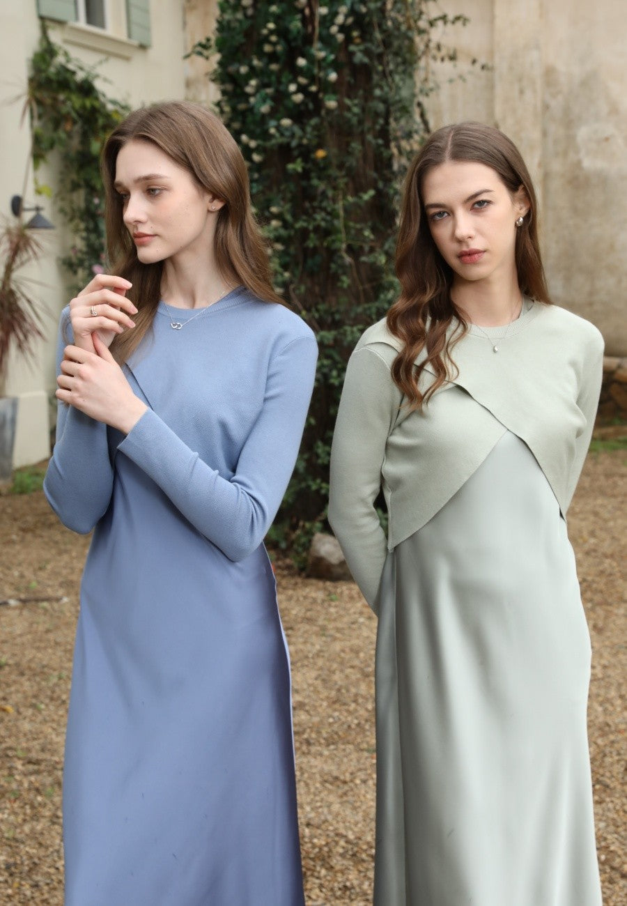 AS 2025 spring summer elegance satin dress + knitted top match set maxi floor le