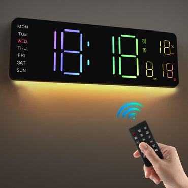 Digital LED Wall Clock with Remote Control Calendar Colorful Night Light Temperature for Living Room Bedroom Office Smart Home