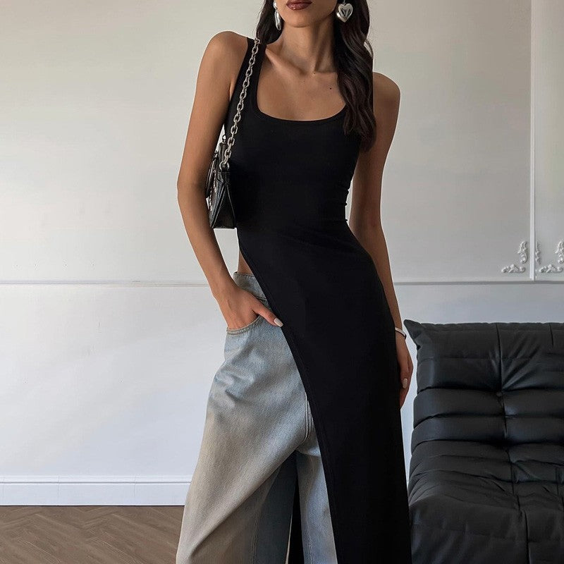 2025 Sexy Sleeveless Side High Split Dress Solid Backless Women Midi Dresses Sum