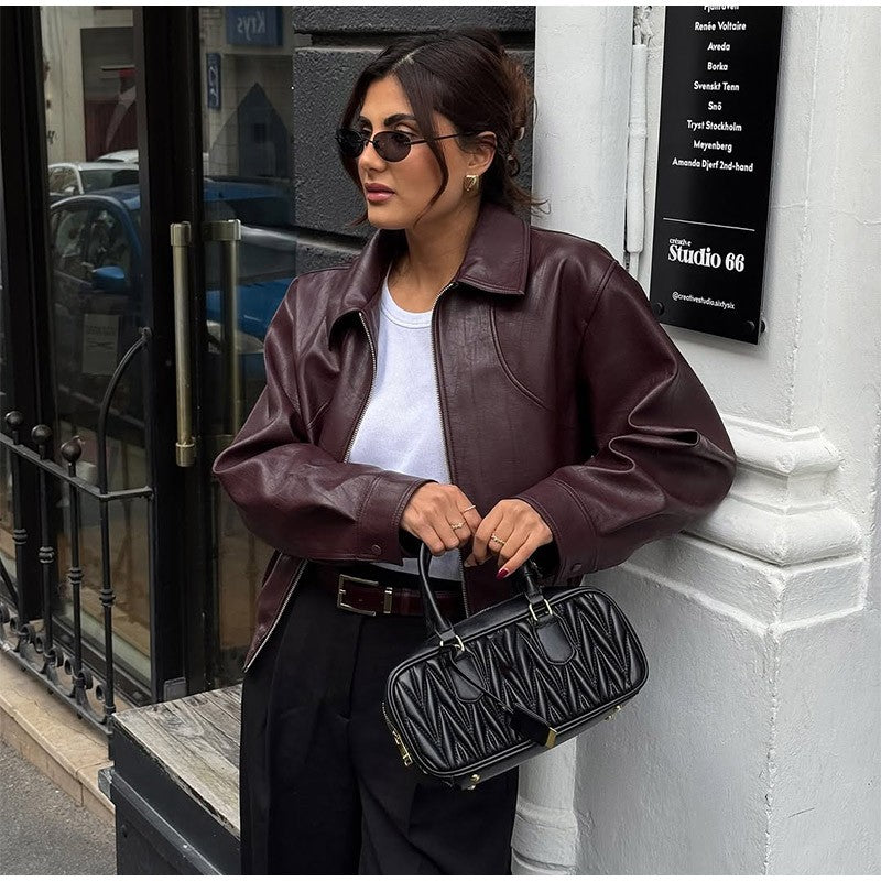 Full Sleeve Cropped Women Casual Slim Thin Motorcycle Coat Chic Zipper Lapel Wine Red Leather Jacket Lady New Highstreet Outwear