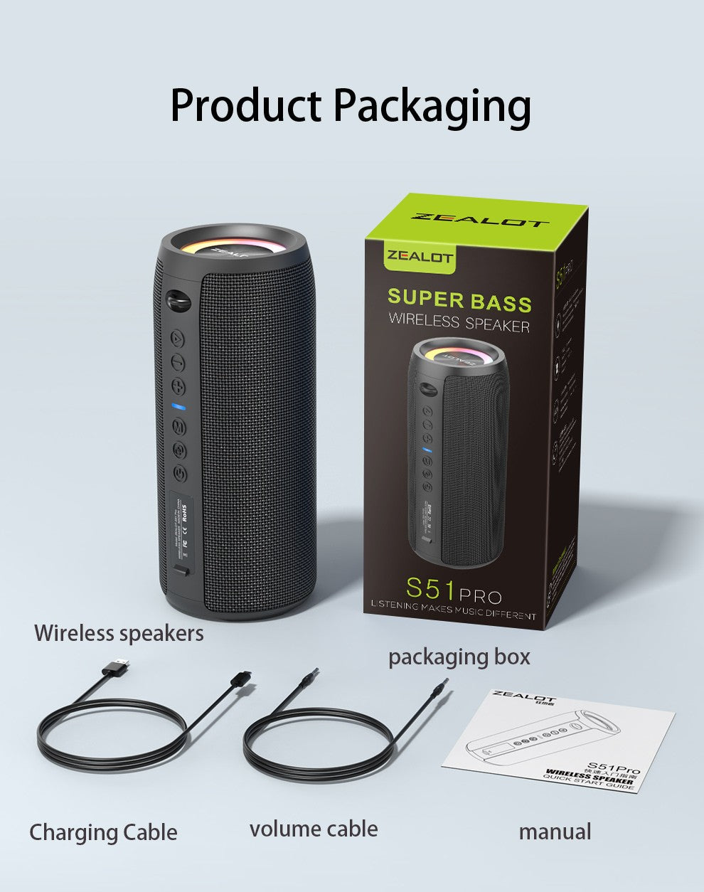 ZEALOT S51 Pro 40W Wireless Speakers, Outdoor Portable Subwoofer Speaker, Waterproof IPX 6, Dual Pairing,5200mAh Battery.