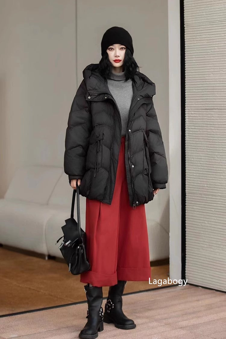 Lagabogy 2025 Women Autumn Winter Vintage Style Loose Casual Mid-Long Hooded Warm Puffer Coat Female 90% White Duck Down Jacket