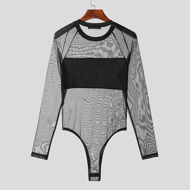 Men Bodysuits Mesh Patchwork O-neck Long Sleeve Sexy Rompers Male T Shirts Fitness Transparent 2023 Fashion Bodysuit INCERUN