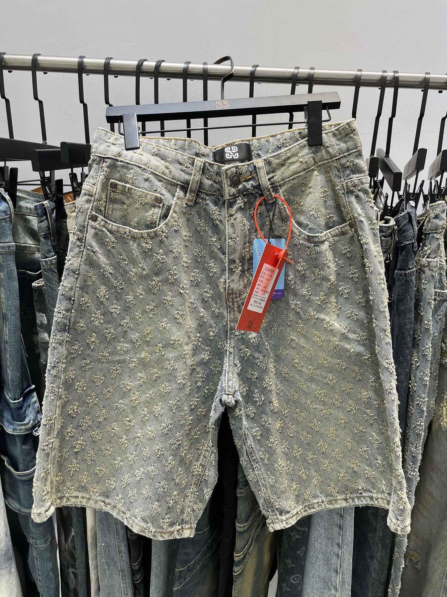 New Summer Men Distressed Short Jeans Vintage Jacquard Straight Leg Men's Denim Shorts Pants