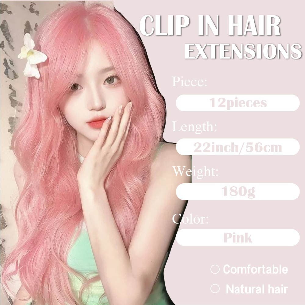 Apliques de Cabelo Rosa 12 Peças Apliques de Cabelo com Clipe de 55 cm de Comprimento Encaracolado Apliques de Cabelo Sintético Macio com Clipe
