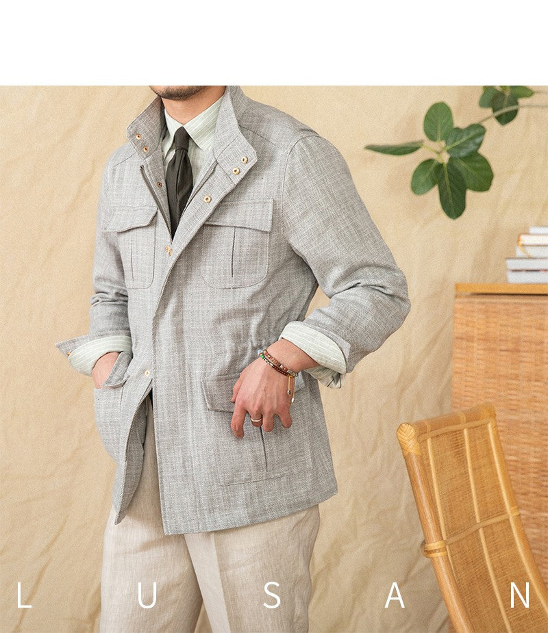 Cotton and Linen Vertical Collar Tight Waist M65 Hunting Jacket Retro All-match Spring and Summer Lightweight Casual Jacket