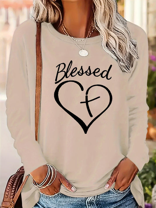Women's autumn and winter 100% pure cotton fashionable casual loose Blessed heart-shaped printed round neck long sleeved T-shirt