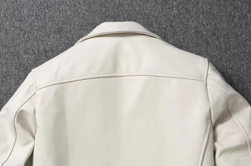 Men's Genuine Leather Jacket White Lapel Calfskin Jacket Natural Cowhide Men's Coat Slim Fit Top Layer Cowhide Biker Jacket