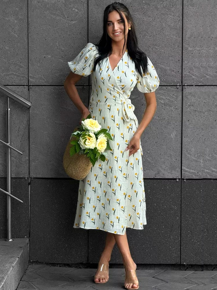 Summer Women's Light Long Dress 100% Cotton A-line Midi Dresses Muslin with Side