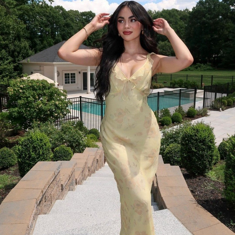Cryptographic Summer Floral Print Plunge Maxi Dress Outfits Sexy Backless Fairy