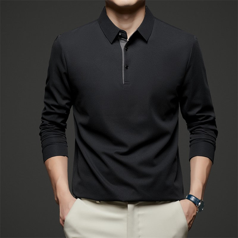 New Men's Business Casual Long Sleeve Solid Color Polo Shirt Fashionable Warm Comfortable Four Seasons Versatile Top