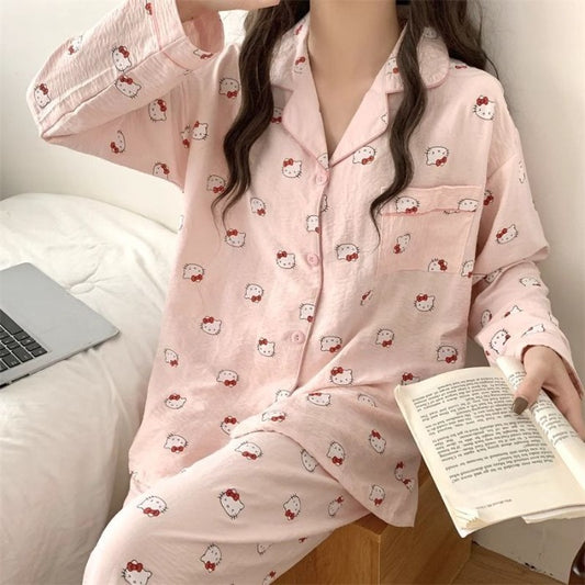 Casual Comfortable Pajama Set Autumn Winter Ins Style Kawaii Pajama Cute Girl Hello Kitty Long Sleeve Top and Pant Home Clothing