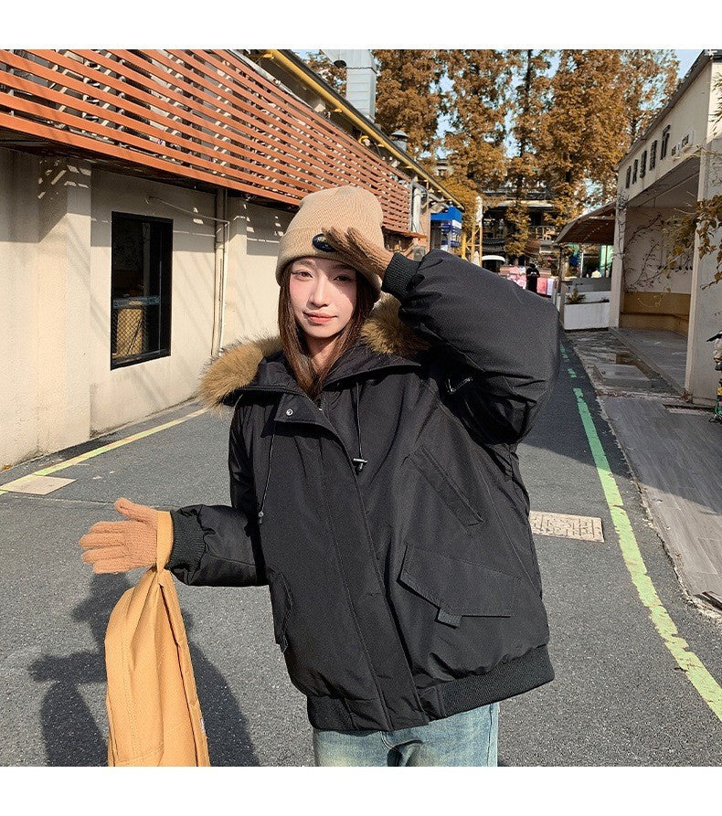 Winter Solid Long Sleeve Hooded Down Cotton Coat Tops Korean Women's Single Breasted Zipper Hooded Cardigan Short Jacket Thick
