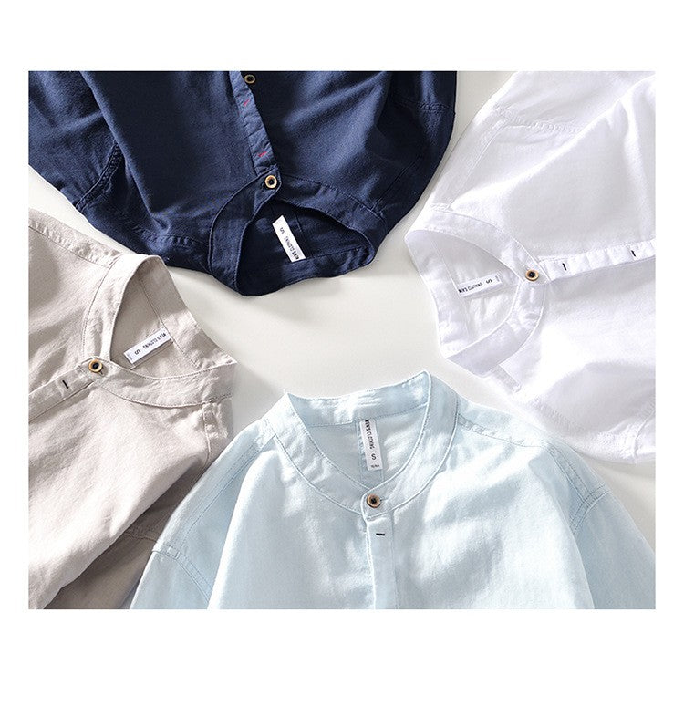 2024 Men's Linen Long-sleeved Shirt with Stand Collar, Youth Casual Loose Men's Cotton and Linen White Shirt.Beach Vacation Top