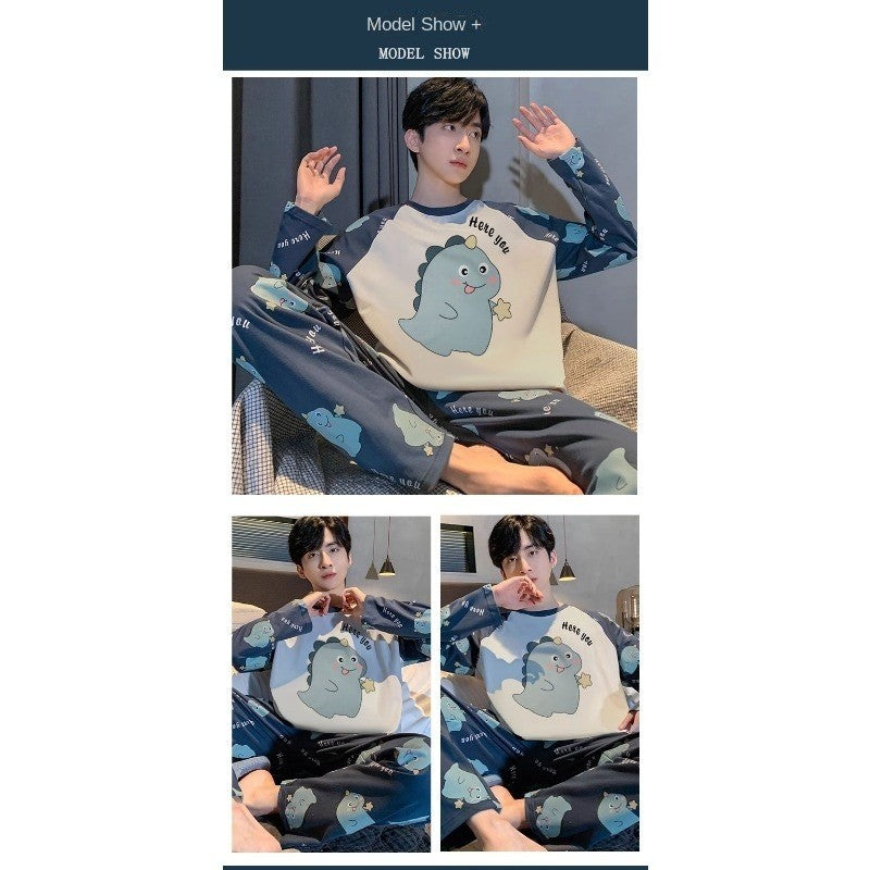 Pajamas Set of Men Cotton Long-Sleeved Simple Cartoon Dinosaur Sleepwear Homewear Students Two-Piece Nightwear Loungewear