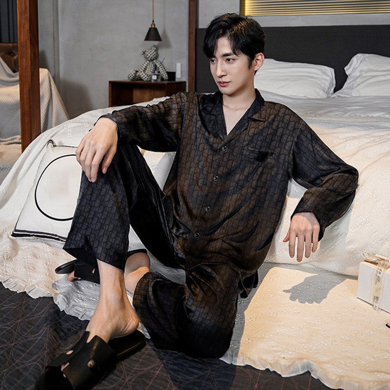 Plus Size Men's Pajama Suit Long Sleeve Silk Jacquard Pattern Premium Black Suit Lapel Top Long Pants Sleepwear Loungewear