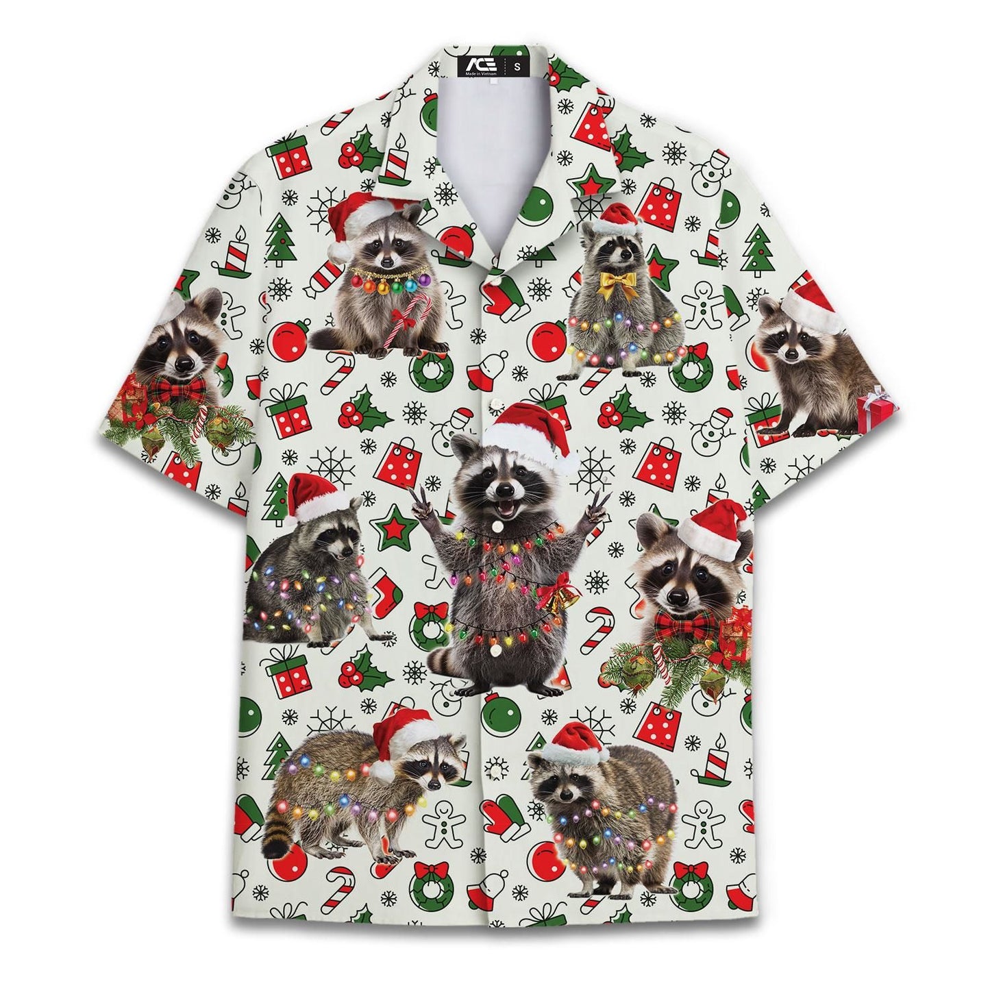 Christmas Hat Animal Graphic Blouse Santa Hawaiian Shirt Men Women Youth, Funny Raccoon Cat Shirts Holiday Aloha Xmas Outfit