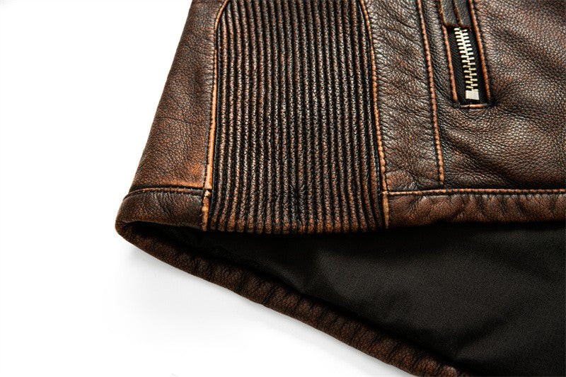 Men's Natural Leather Jacket First Layer Calfskin Stand Collar Motorcycle Jacket Retro Brown Cowhide Jacket Men‘s Biker Clothes