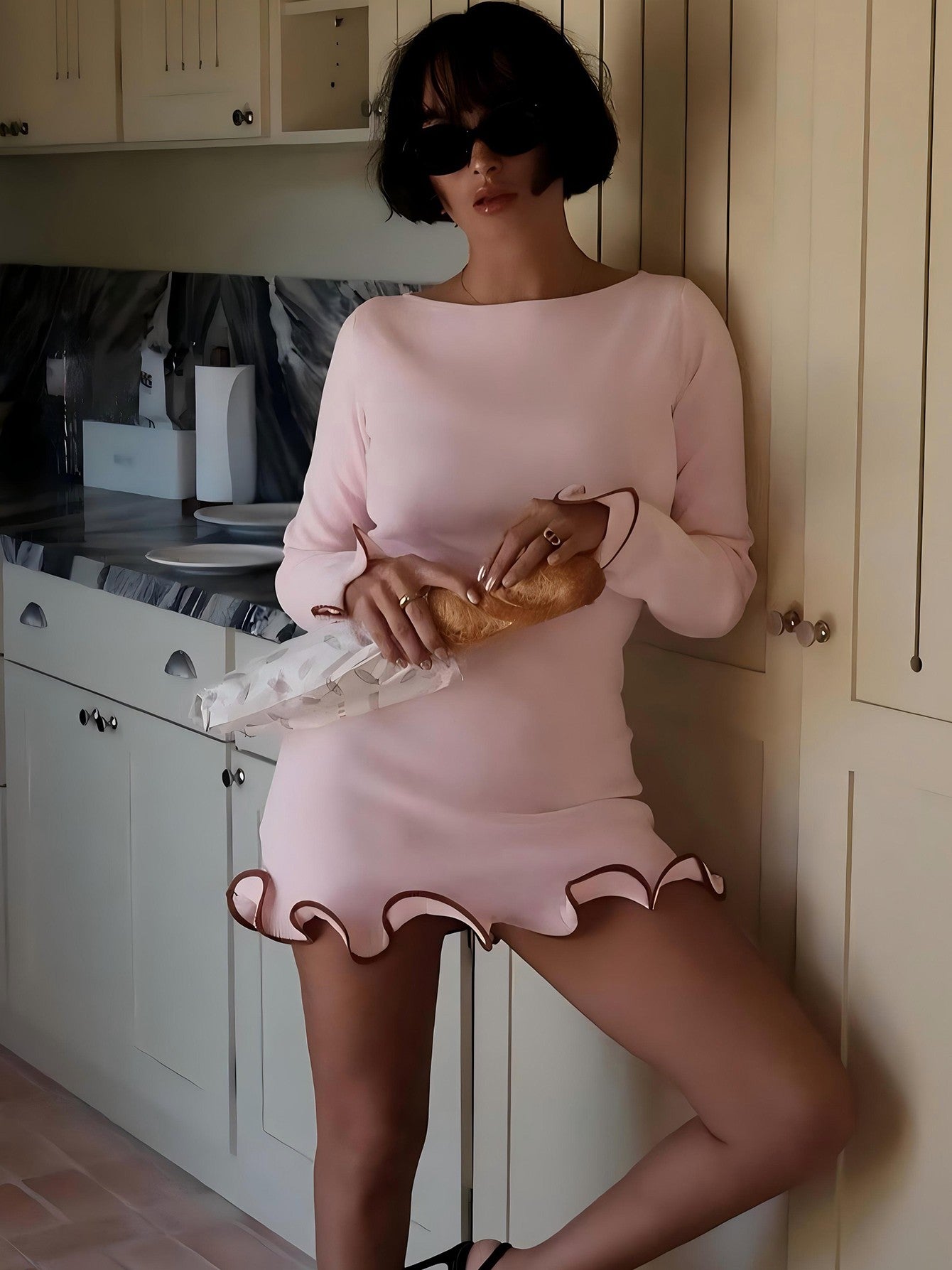 Dulzura O-Neck Long Sleeves Ruffles Patchwork Bodycon Mini Dress Sexy Elegant Ou