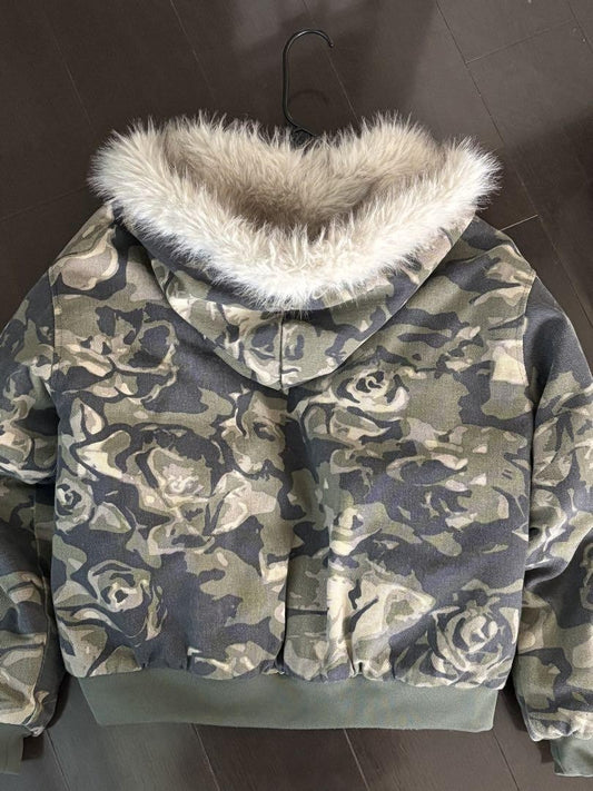 Vintage Camouflage Leaf Plush Warm Coats Zipper Hoodie Cotton Jacket Camouflage Leaf Pattern Oversized Hoodie Sweatshirt Clothes