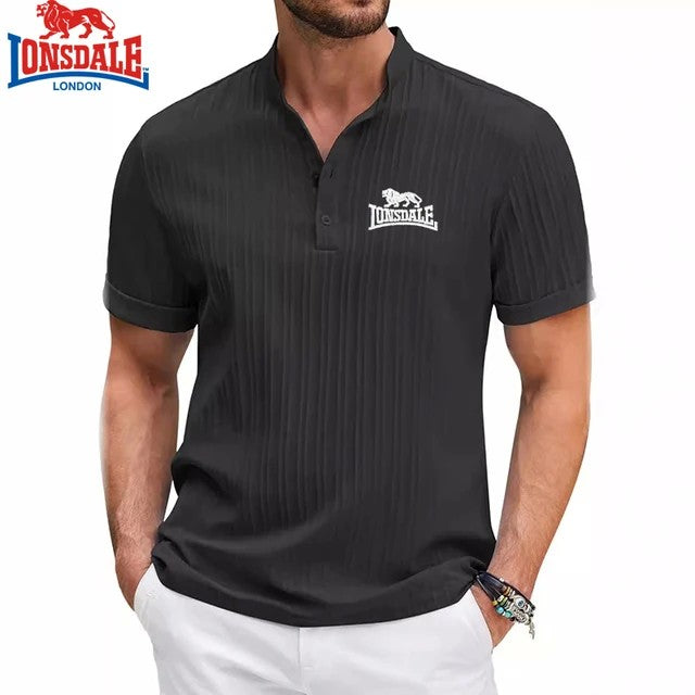 Embroidered LONSDALE Cotton Linen Striped Henry Short Sleeved Polo Shirt for Men's New Summer Business Casual Breathable T-shirt
