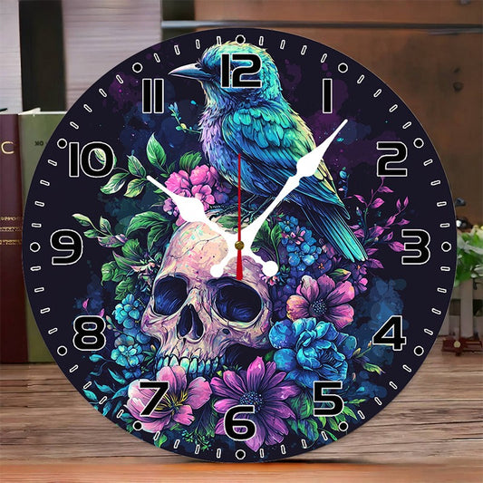 Evil Skull Wooden Round Silent Hanging Wall Clock, Suitable For Living Room, Office, Study Room, Bedroom, Home Decoration