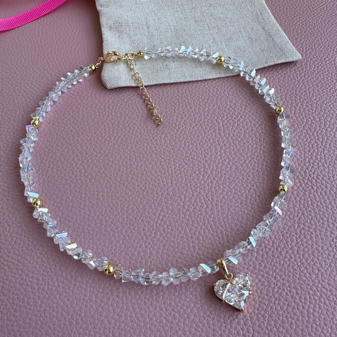 Colar Feminino Vintage de Moda Sexy com Pingente de Coração de Zircão Boho Geométrico Barroco com Corrente de Cristal Transparente