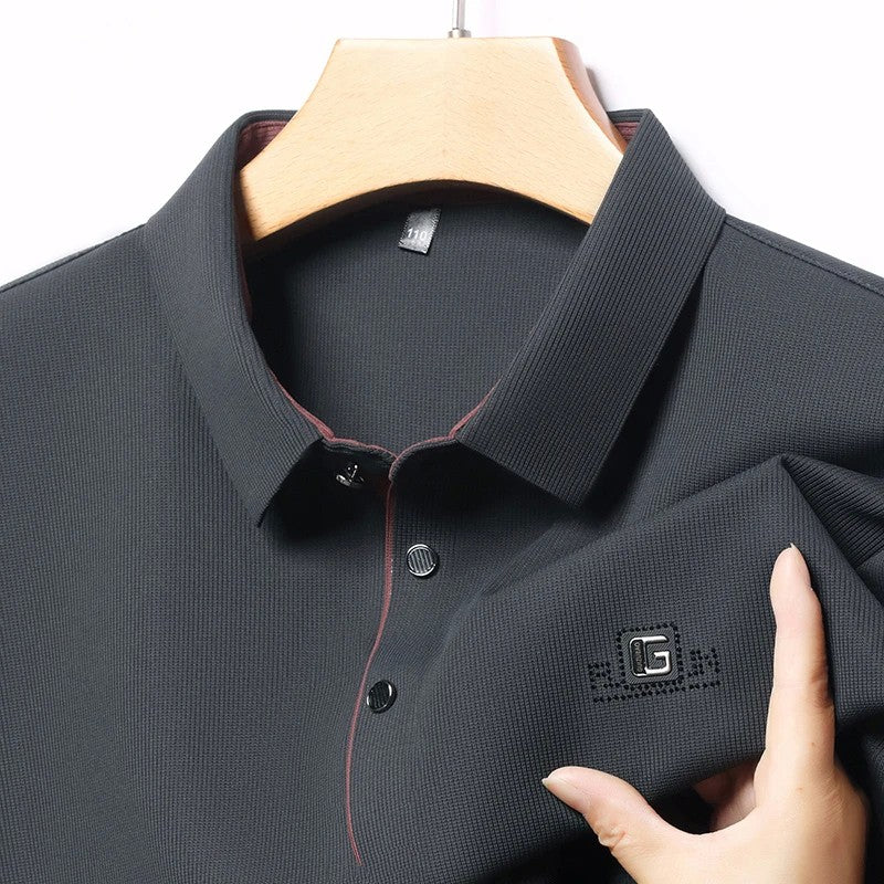 New Men's Business Casual Long Sleeved Shirt with Badge Solid Color Polo Shirt Fashionable Breathable Comfortable Versatile Top