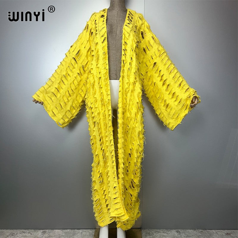 WINYI new maxi kimono coat for women OverCoat hole denim cardigan long down coat cover up beach outfits woman abaya dubai luxury