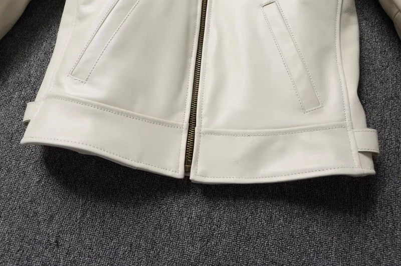 Men's Genuine Leather Jacket White Lapel Calfskin Jacket Natural Cowhide Men's Coat Slim Fit Top Layer Cowhide Biker Jacket
