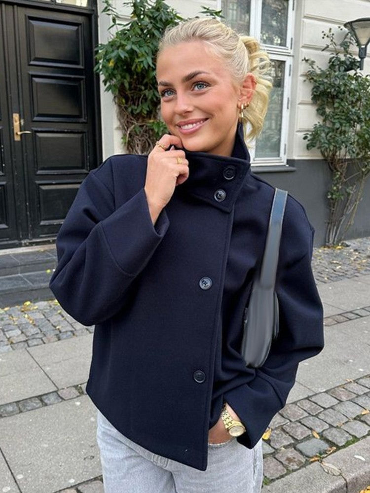 Fashion Stand Collar Solid Short Coat Women Casual Solid Single Breasted Loose Fit Coat 2025 Winter Chic Windproof Jackets