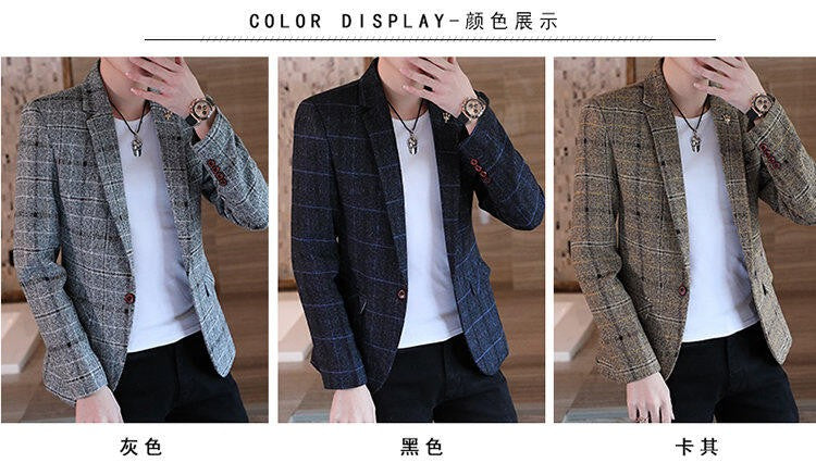 Men's casual plaid suit jacket, fashionable and versatile slim-fitting top, stylish plaid suit