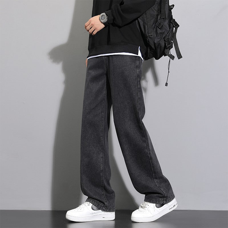 2025 New Korean Men's Casual Long Jeans Classic Man Straight Denim Wide-leg Pants Solid Color Light Blue Grey Black