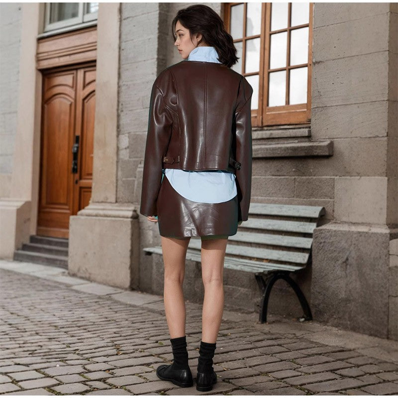 Full Sleeve Cropped Women Casual Slim Thin Motorcycle Coat Chic Zipper Lapel Wine Red Leather Jacket Lady New Highstreet Outwear