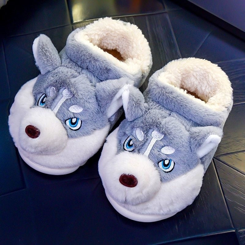 Men Indoor Cotton Slippers Cute Cartoon Dog Winter Warm Shoes Couples Home Floor Slides Anti-slip Female Male House Footwear