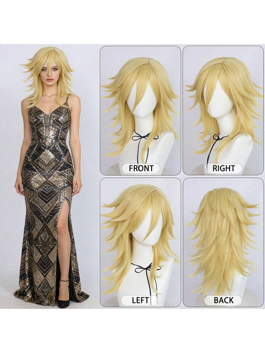 Synthetic Medium Length Fluffy Spiky Women Man Layered Straight Anime Cosplay Wig with Bangs for Halloween Party