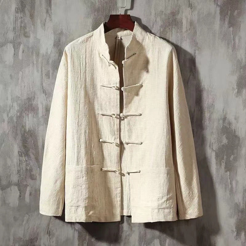 XXXXXL Plus Size Men Cotton Linen Shier Autumn Spring Men Collarless Long Sleeve Frog Button Loose Blouse Tops Oversized M-5XL