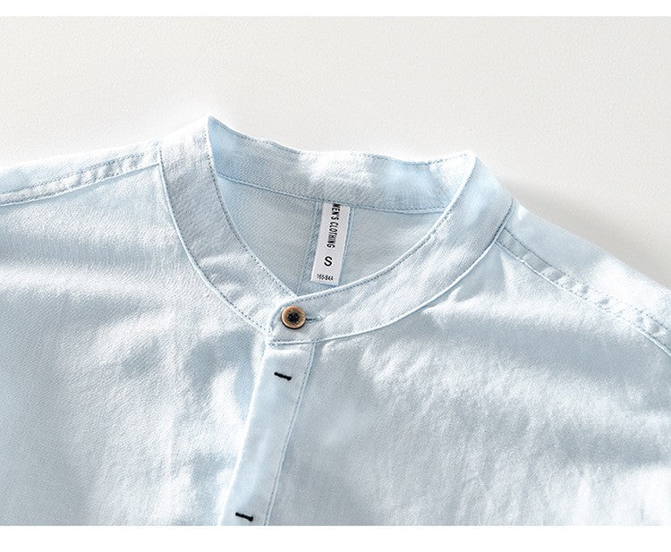 2024 Men's Linen Long-sleeved Shirt with Stand Collar, Youth Casual Loose Men's Cotton and Linen White Shirt.Beach Vacation Top