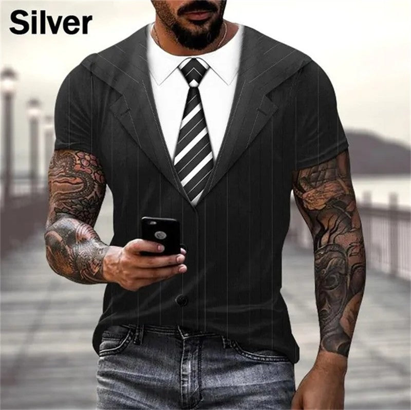 Mens Summer Fashion 3D Printed T-shirts Funny Fake Suit Cosplay Short Sleeve Cas
