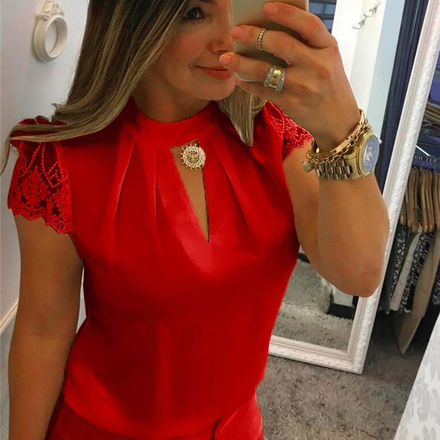 Woman Blouse 2025 V-Neck Lace Casual Shirt Solid Loose Short Sleeve Shirts Sleeve Lace Casual Tank Tops Blouse Sexy Blusas