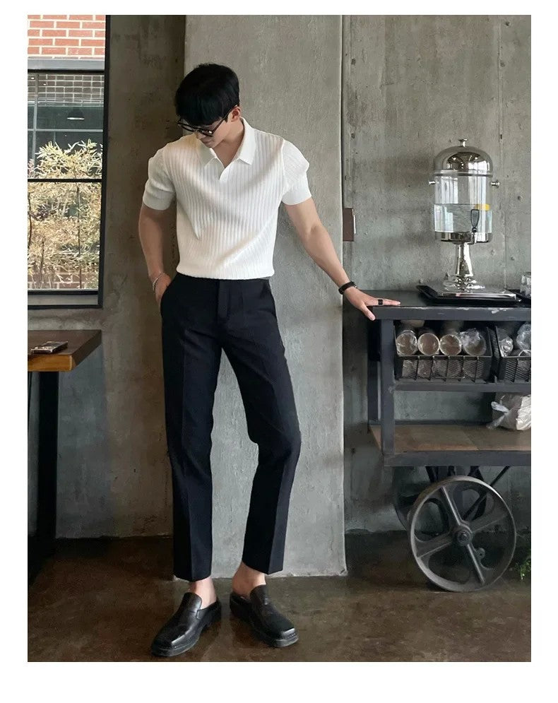 Trendy Polo Shirt For Men Summer Solid Color Top Versatile Knit Style Korean Short Sleeves Casual Fashion T-shirt