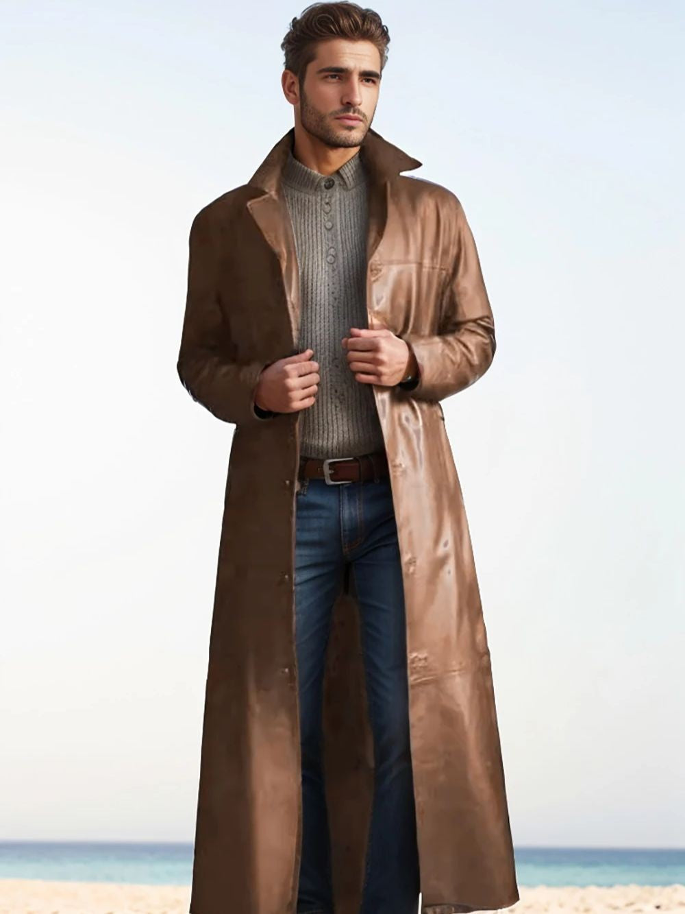 Autumn new men's fashionable solid color leather jacket extended men's leather jacket