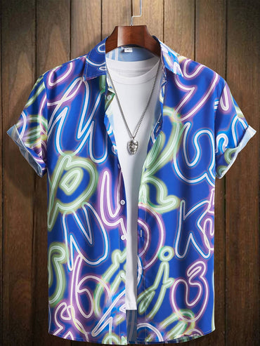 Men's Neon Style Print Lapels Button Up Casual Short Sleeve Shirts Men's Clothing for Summer Hawaii Shirt Men's Streetwear