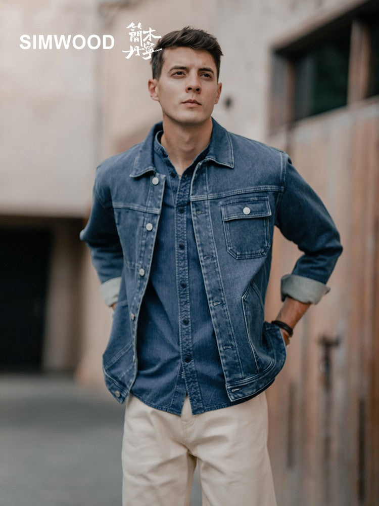 SIMWOOD High Standard 2025 Autumn New Oversize 12oz 100% Cotton Washed Indigo Blue Denim Jackets Fashion Cargo Jackets