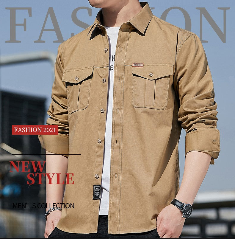 100% Cotton New Cargo Shirt for Men Long Sleeve 2 Pocket Shirts Outdoor Casual Blouses High Quality Clothing Overshirt