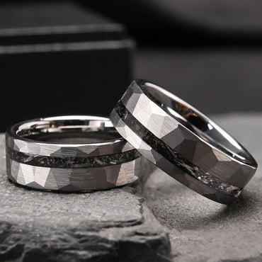 8mm hammered inlaid meteorite fragment tungsten ring, men's wedding band ring, comfortable fit jewelry accessories gift