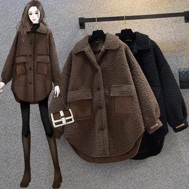 Plus Size Plus Size Women's Autumn Winter Thickened Lamb Fur Jacket Chic Hong Kong Style Design Slimming Outerwear Street Trend
